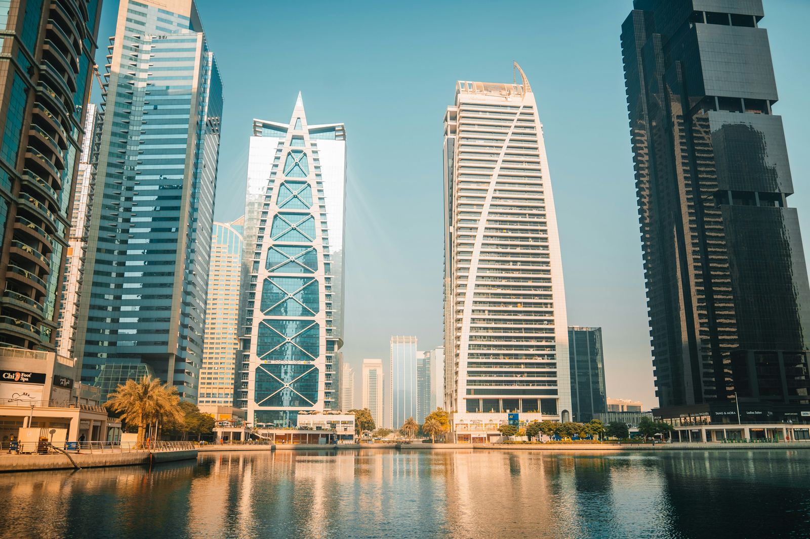 Dubai Marina towers and waterfront at dusk